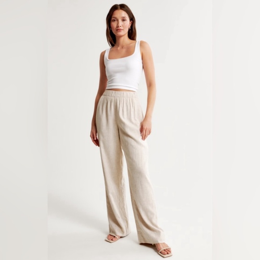 Linen blend pull on pant light beige